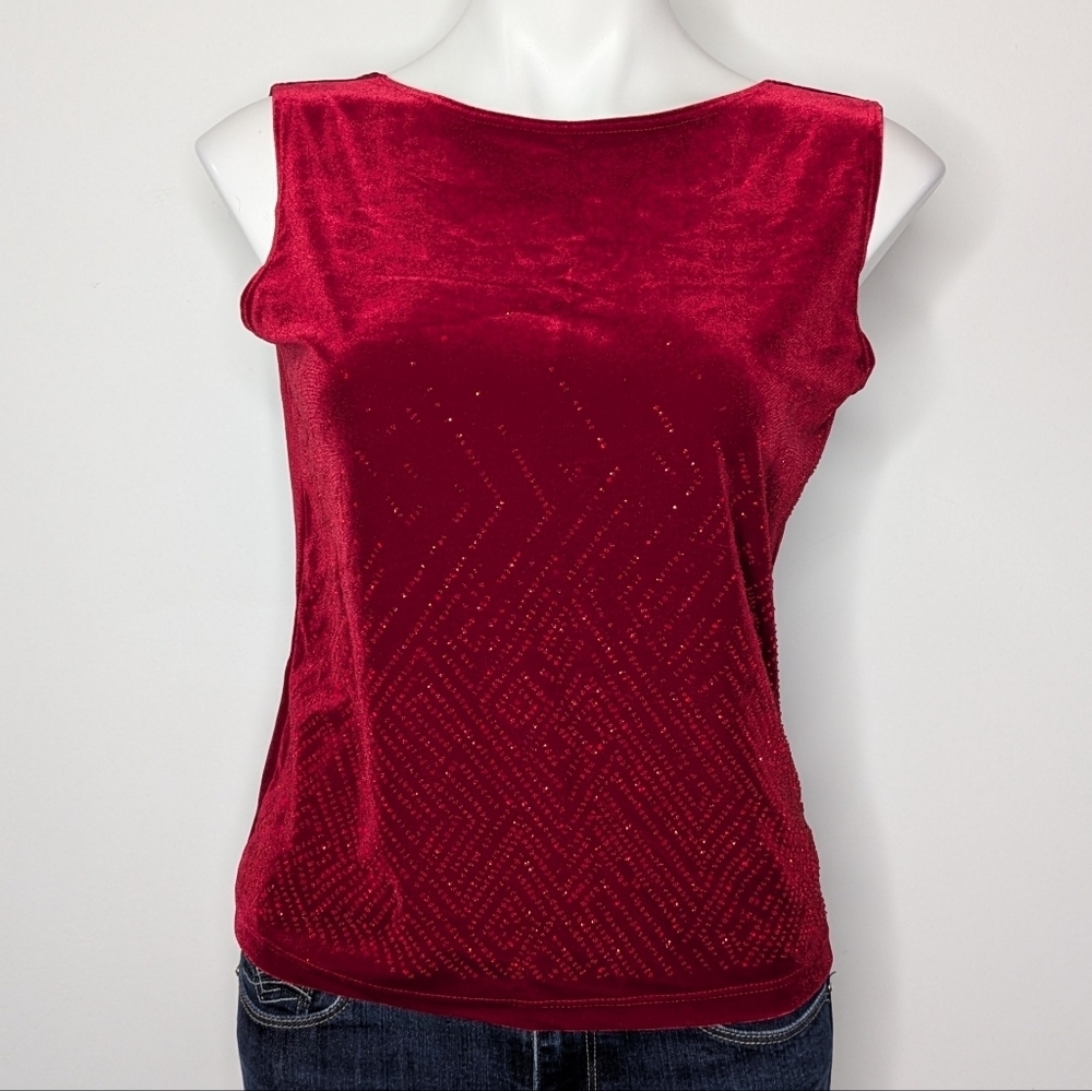 NWT Vintage MKM Red Velvet Beaded Low Neck Back Tank Top L